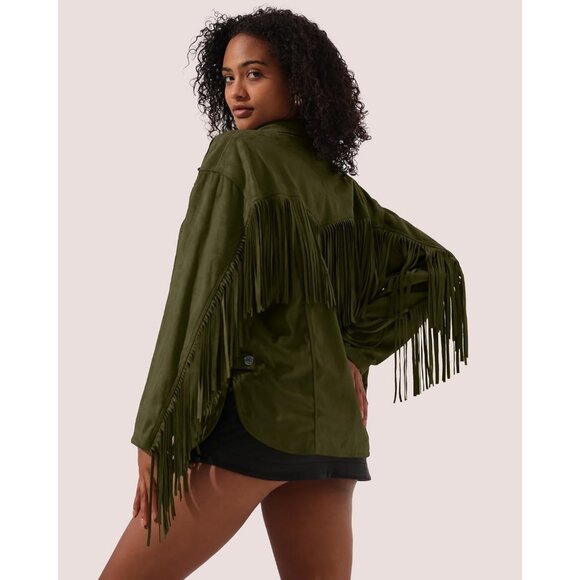 Women's Faux Suede Fringe Jacket Vintage Western Cowgirl Tassel Army Green - Picture 2 of 7
